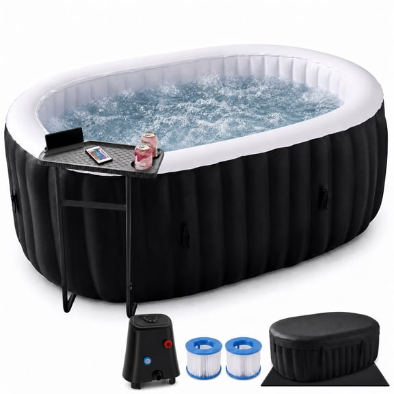 Inflatable Hot Tub 75"L x 47"W x 25"H, 2 Person Large Oval Outdoor Spa Blow Up Hottubs with 100 Bubble Jets, Blow Up Air Hot Tub with Heater Pump and Side Table, Insulated Cover, 2 Filter Cartridges