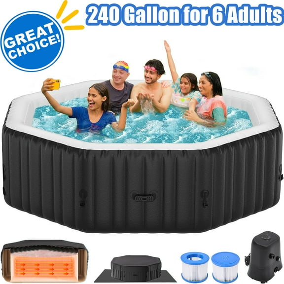 Inflatable Hot Tub 77"L x 77"W x 25"H, 4-6 Person Large Polygon Outdoor Spa Blow Up Hottubs with 130 Bubble Jets, Blow Up Air Hot Tub with Heater Pump, Insulated Cover, 2 Filter Cartridges