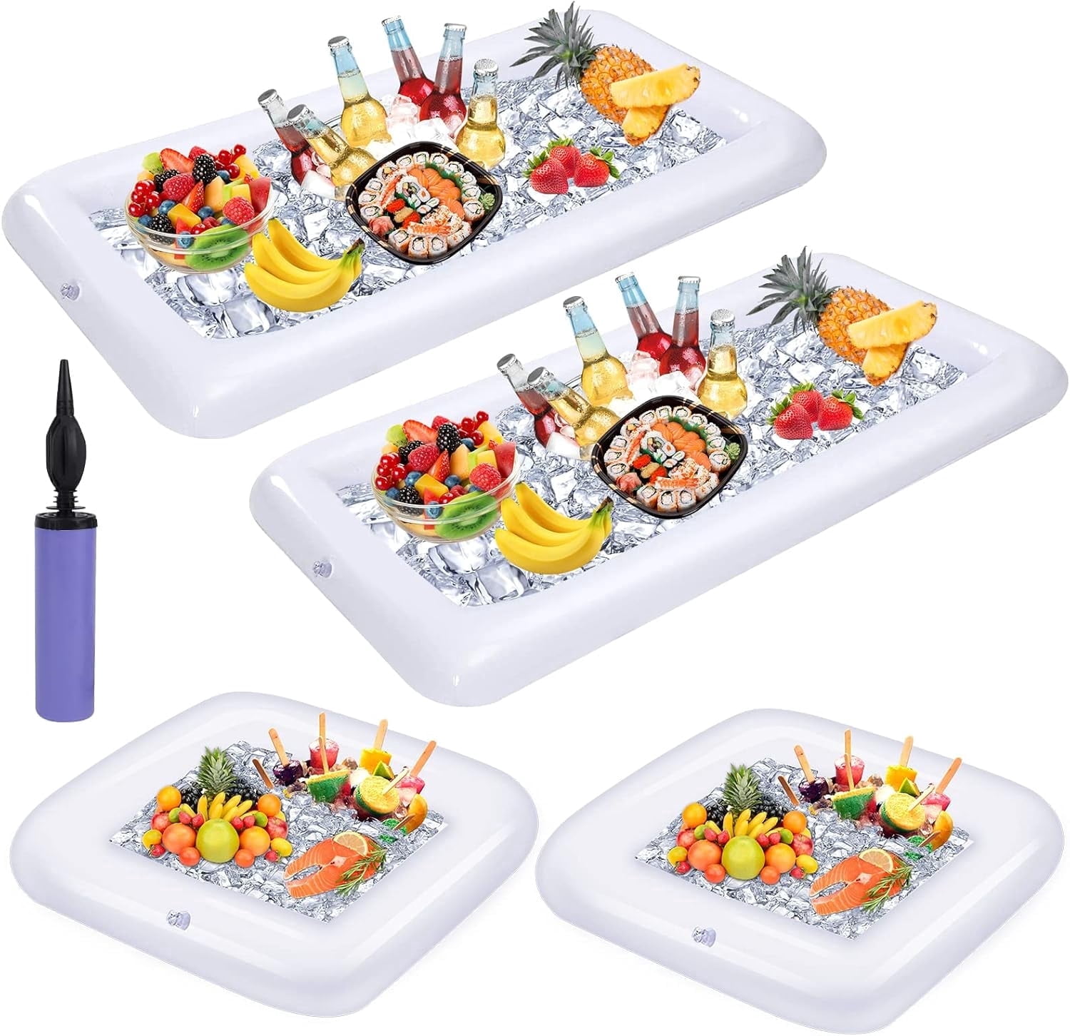 Inflatable Ice Serving Bar Pool Party Buffet Drink Cooler Floating Food Drink Container with Inflator（white 2 Big and 2 Small）