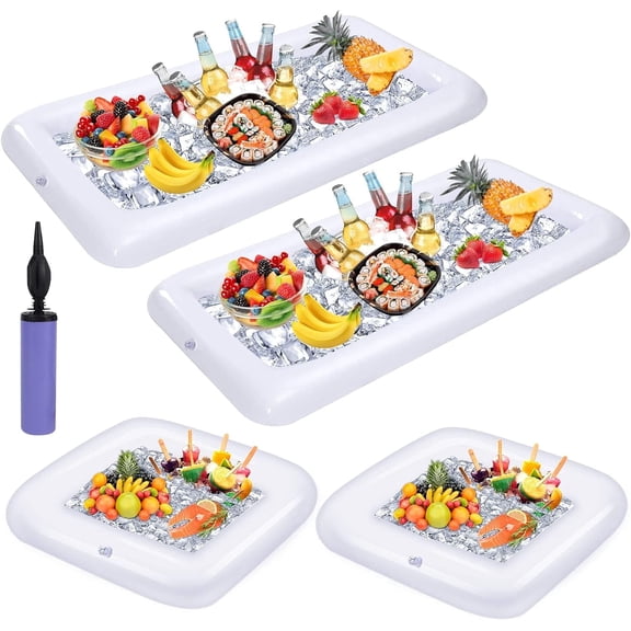 Inflatable Ice Serving Bar Pool Party Buffet Drink Cooler Floating Food Drink Container with Inflator(white 2 Big and 2 Small)