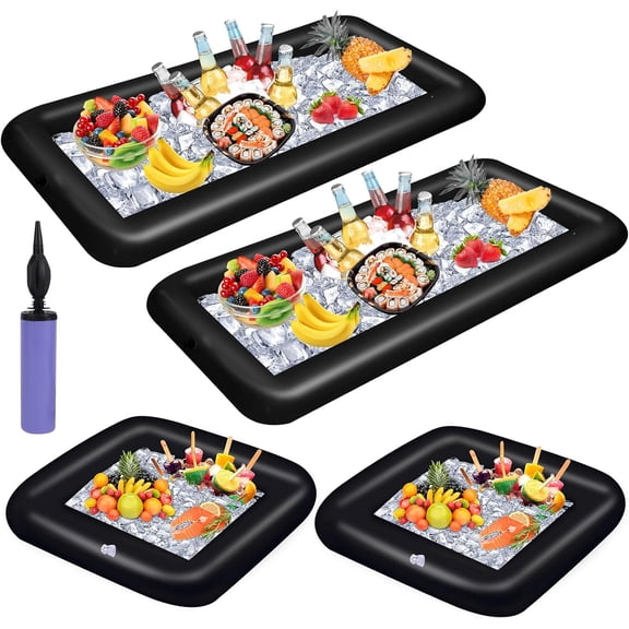 Inflatable Ice Serving Bar Pool Party Buffet Drink Cooler Floating Ice Tray Food Drink Containers for Summer Parties with Inflatorce (Black 2 Big and 2 Small)