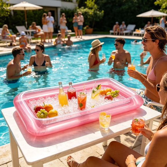Inflatable Ice Serving Buffet Bar with Drain Plug Swimming Pool Floating Serving Cooler for Party Picnic Camping Tray Drinks,Pink