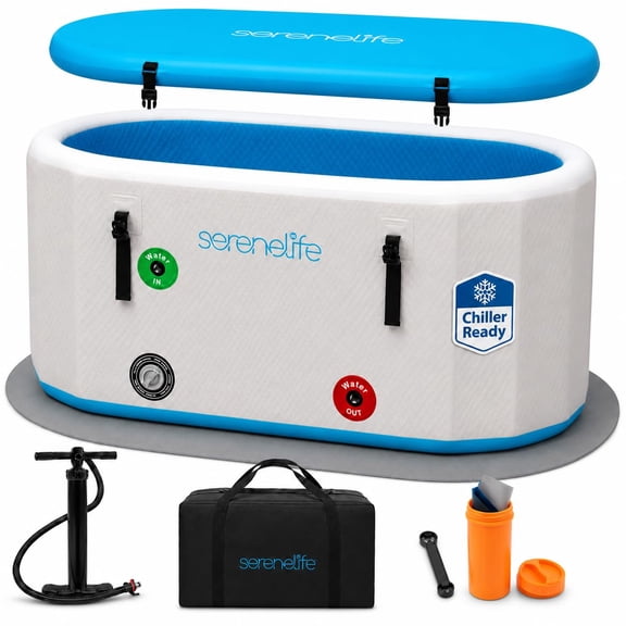 SereneLife Inflatable Cold Plunge Tub Ice Bath, 105 Gal One Person Ice Bath Tub with Lid, Drop Stitch PVC, Double Layer Seals, Heavy Duty Cold Plunge Therapy Recovery Pod for Athletes