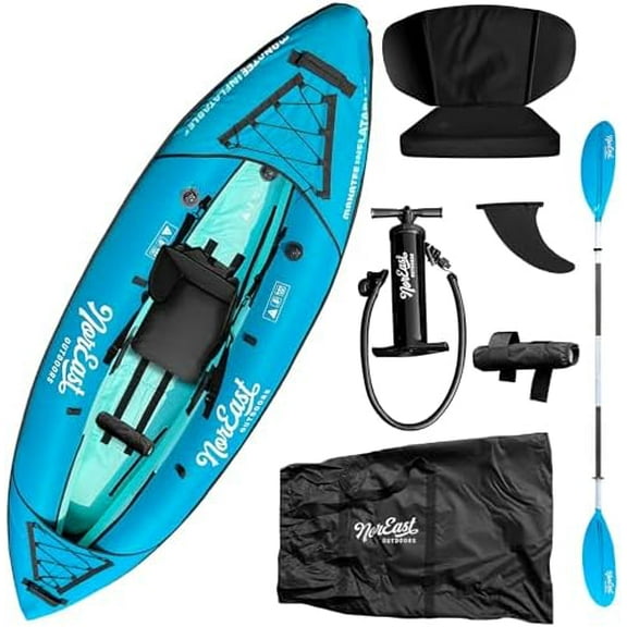 Inflatable Kayak Package 9' (Explorer) - Adjustable Inflatable Seat with Backrest, Adjustable Paddle, Carry Case, Pump & Patch Kit