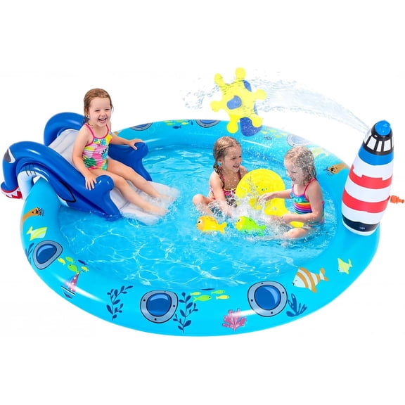 Inflatable Kiddie Pool, Inflatable Play Center with Slide, Sprinkle, Kids Oval Wading Swimming Pool, Outdoor Kids Summer Playhouse Inflatable Shark Slide Water Park for Backyard, Garden