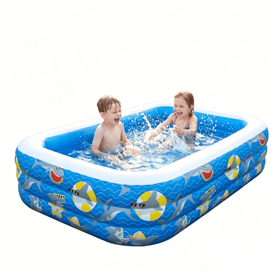 WaterCube Inflatable Kiddie Pool Shark Pattern 3-Ring Rectangular BPA-Free 9.8' x 5.7' x 1.8'