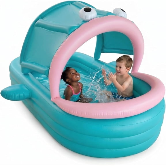 Inflatable Kiddie Pool with Built-in Foldable Shade, Triple Air Chambers, Thickened PVC, 65"  38"  18"