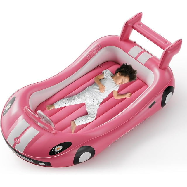Inflatable Kids Bed, Toddler Travel Bed with Sides, for Camping, Traveling, Hotel, or Home Use, Hand Pump Included (Pink)