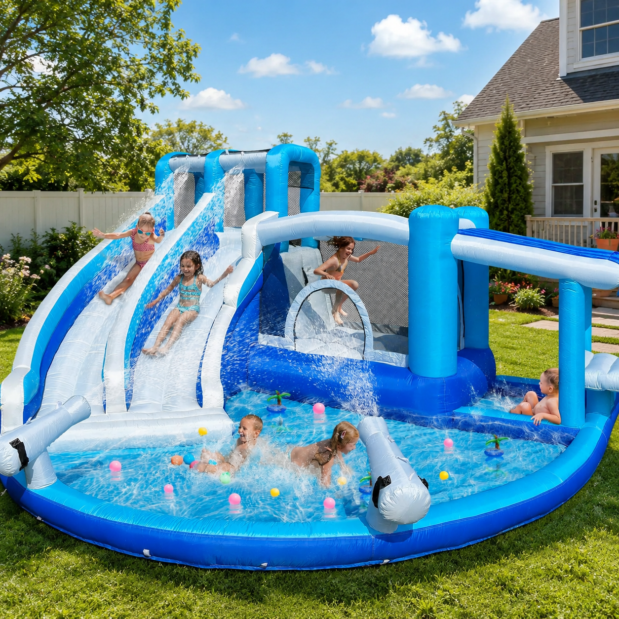 13.8 FT Inflatable Bounce House with Dual Water Slides, Splash Pool, Ball Pit and Blower Included, Blue