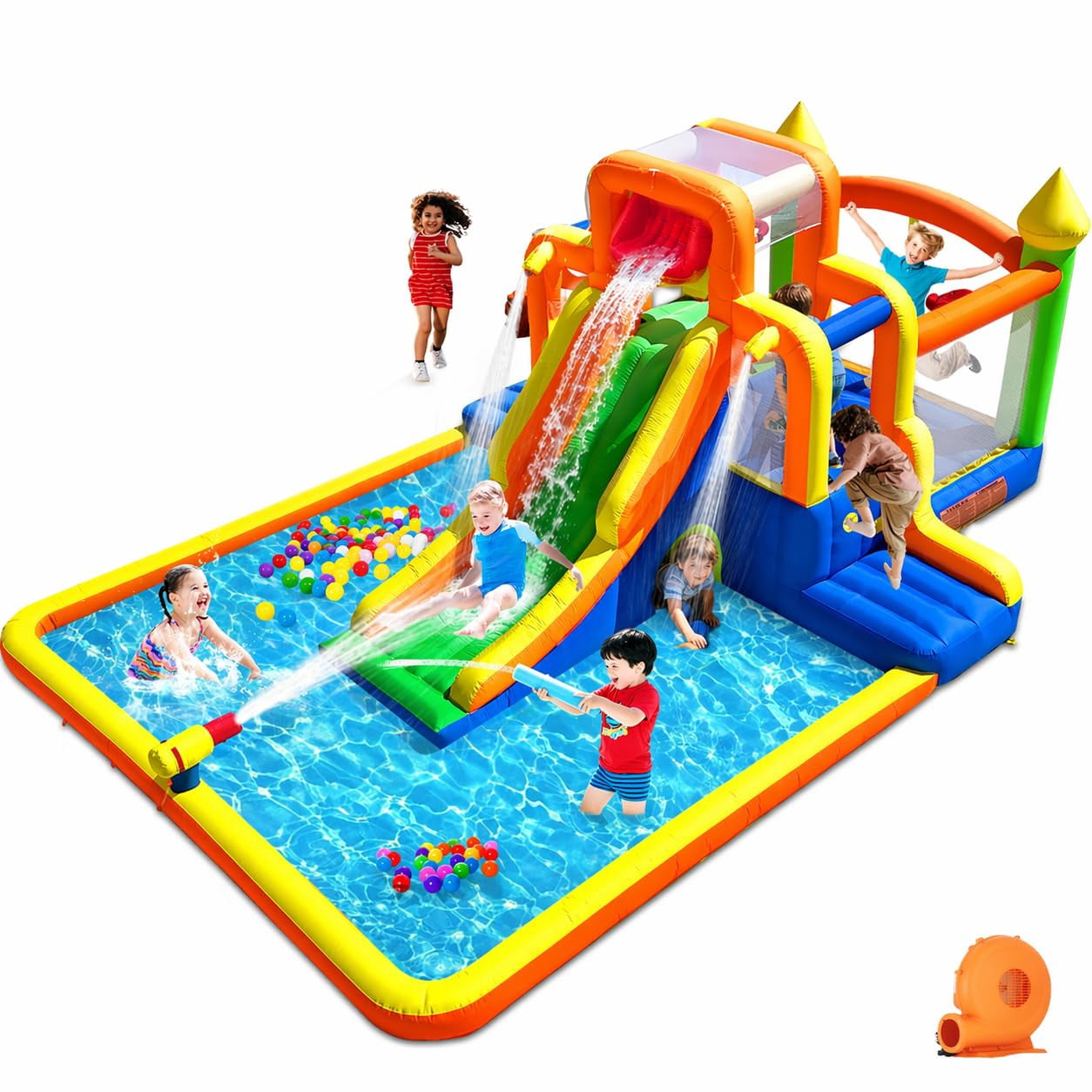 Inflatable Lawn Water Slide House with Climbing Walls, Sprinklers and Splash Pool