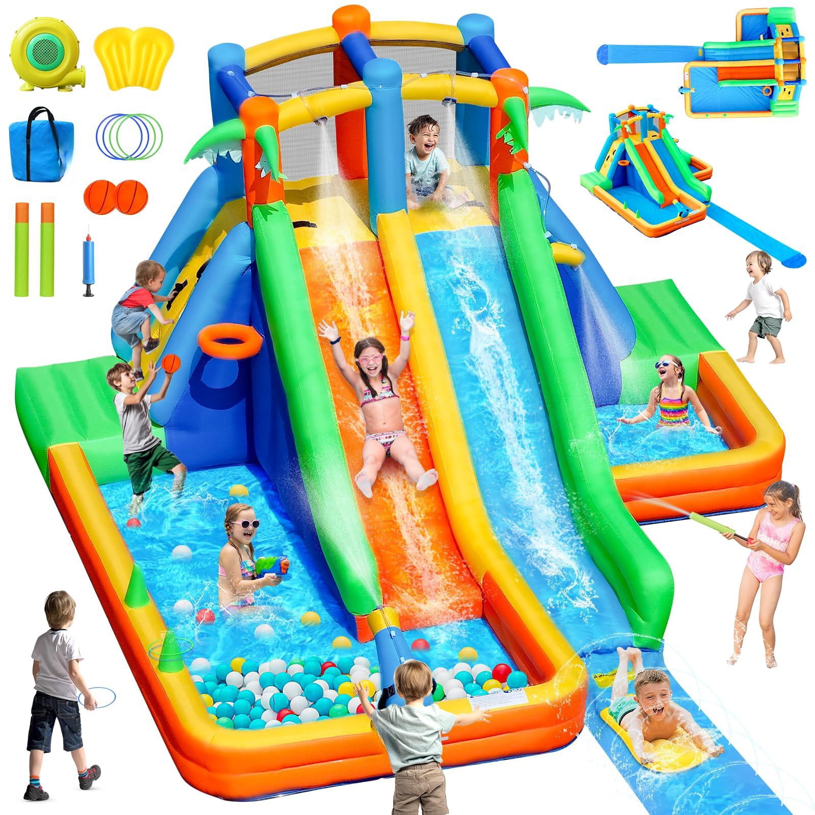 Inflatable Lawn Water Slide Park with Extend Splash Slide and Basketball Hoop