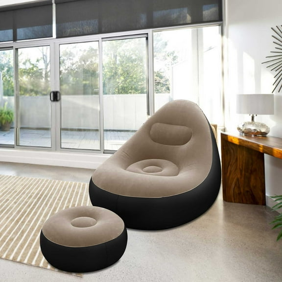 Inflatable Leisure Sofa Chair and Footstool Outdoor Folding Lounger Sofa Flocking Lazy Couch (Gray)-Home Essentials