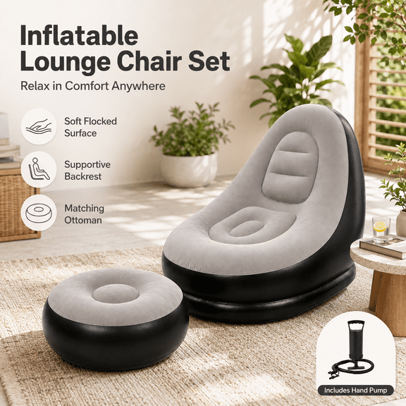 Inflatable Lounge Chair, Comfortable Flocked Air Sofa with Supportive Backrest, Portable Inflatable Lazy Chair for Living Room, Bedroom, Dorm, Camping, Patio and Outdoor Relaxation