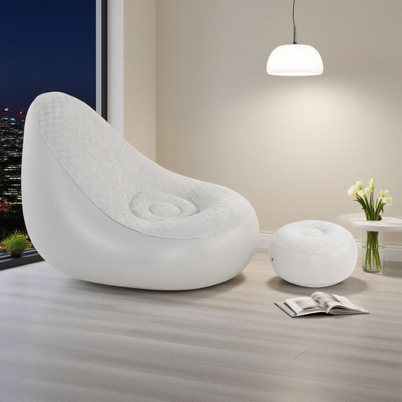 Inflatable Lounge with Footstool PVC Flocking Water Proof Folding Blow Up Couch Inflatable Sofa Chair for Home Camping Grey