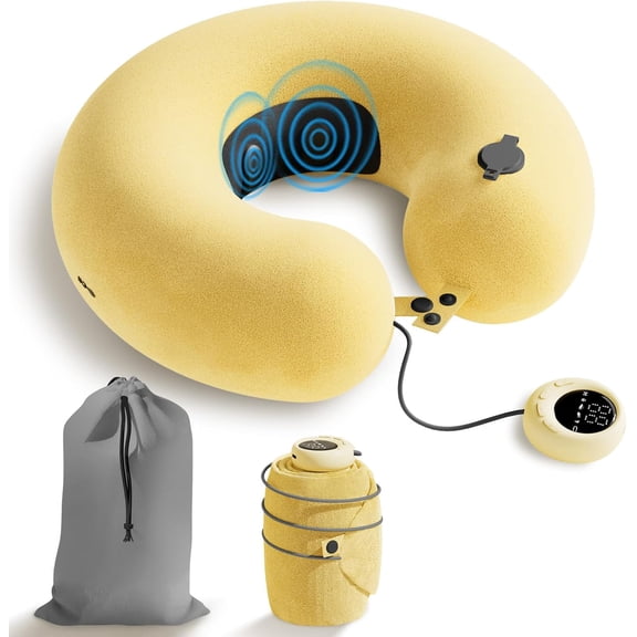 Inflatable Massage Travel Pillow 6-Mode Adjustable Vibration, Soft Neck Support Cushion for Airplane, Car, Office & Home, Easy to Inflate & Carry
