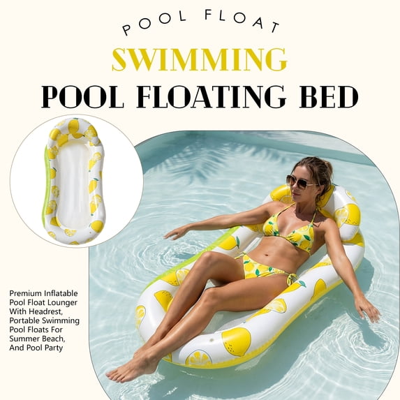 Inflatable Mesh Pool Float with Headrest, Comfortable Lounge Raft for Adults, Large Floating Pad for Pool Lake Sea, Quick-Dry Cooling Sunbathing Mat, Durable Mesh Design, Lemon,57 in