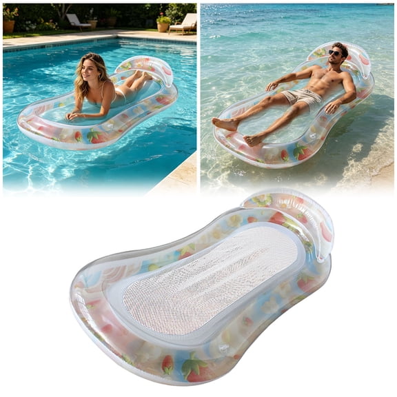 Inflatable Mesh Pool Lounge Float With Headrest Strawberry Print Water Recliner For Pool Lake Beach Summer Relaxation(Multicolor-85X160X30Cm)