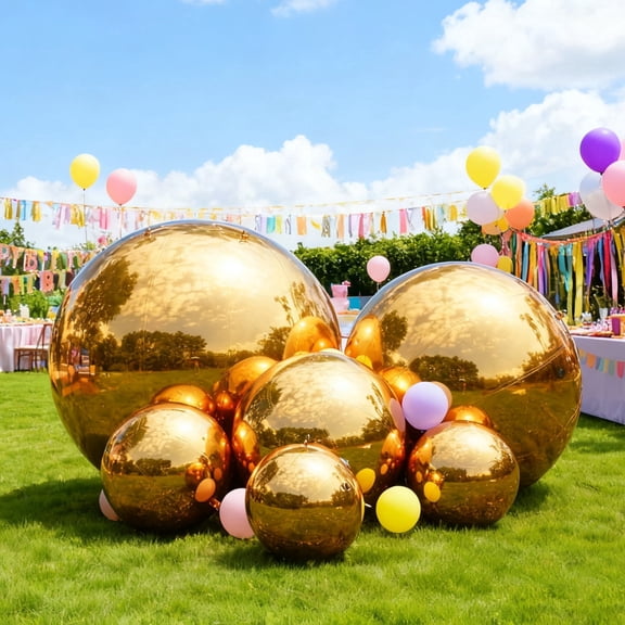 Inflatable Mirror Ball 6PCS Gold Shiny Balls Large Hanging & Standing PVC Disco Bubble Balloon with Air Pump for Party, Wedding, Decoration