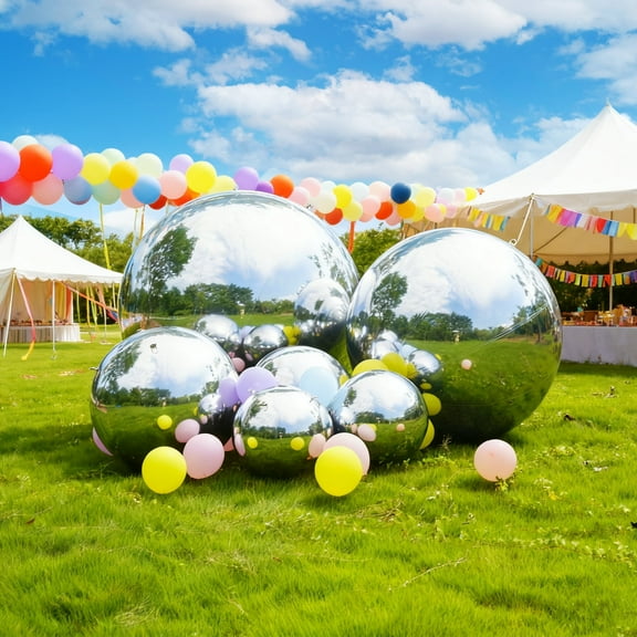 Inflatable Mirror Ball 6PCS Silver Big Shiny Balls Large Hanging & Standing PVC Disco Bubble Balloon with Electric Pump For Christmas, Birthday, Party, Wedding, Decoration, Other Events