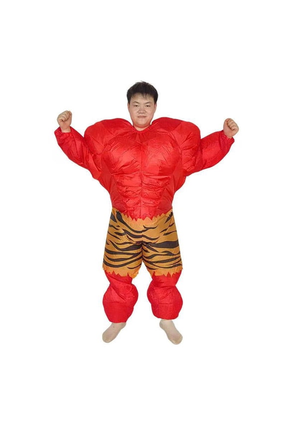 Inflatable Muscle Man Costume For Adults - Funny Strongman Party Outfit (Blue/Red),Height 4'11"-6'3",Red
