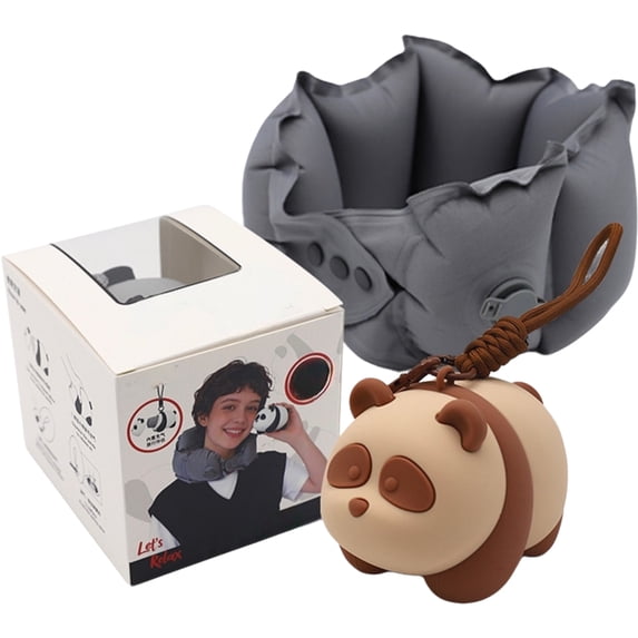 Inflatable Neck Pillow Press Activated U Shaped for Airplane Travel Gift Box with Panda Storage Case