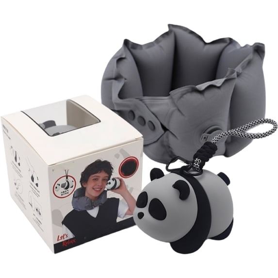 Inflatable Neck Pillow Press-To-Inflate U-Shape 1 Count Panda Carrying Case Gift Box for Airplane Travel