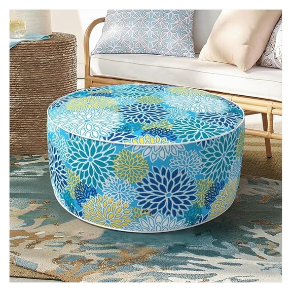 Inflatable Ottoman Stool 21x9 inch, Portable Foot Rest for Indoor/Outdoor, Water Resistant Patio Pouf, Round Ottoman with Handle - Dahlia Blue