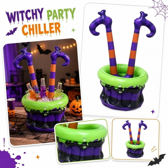 Inflatable PVC Cauldron Cooler with Witch Legs, Large Capacity Halloween Spooky Witch Beverage Tub, Portable Foldable Party Decor Ice Storage Bucket