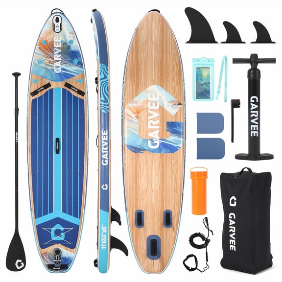 Inflatable Paddle Board with Non-Slip EVA Deck, Tri Fin - Gradient Light Wood Grain SUP Complete Kit with Backpack, Pump & Paddle for Water Sports