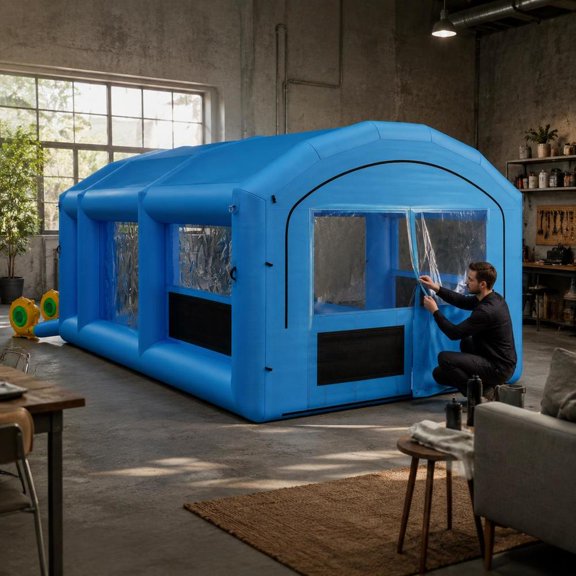 Inflatable Paint Booth, 23 X 13 X 9 Ft, Portable Spray Booth with 480W+750W Blowers, Changing Area, Blue