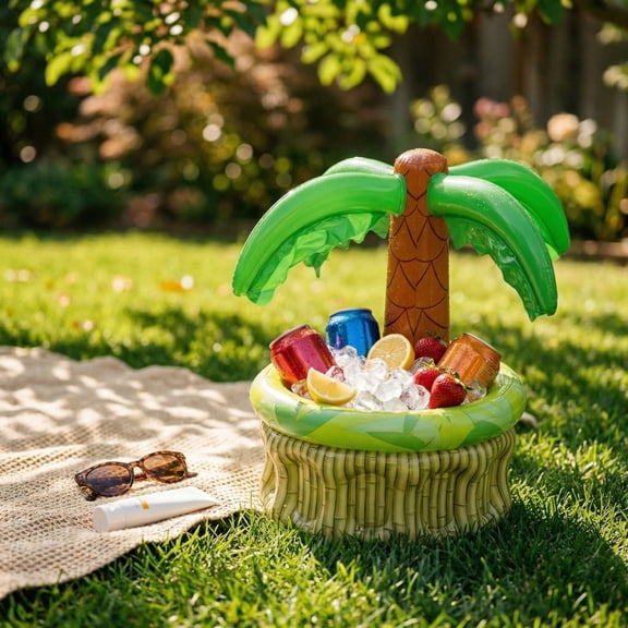 Inflatable Palm Tree Cooler, Palm Tree Blow Up Beverage Holder, Large Inflatable Ice Bucket for Summer Pool, Beach, and Luau Party Decor Green