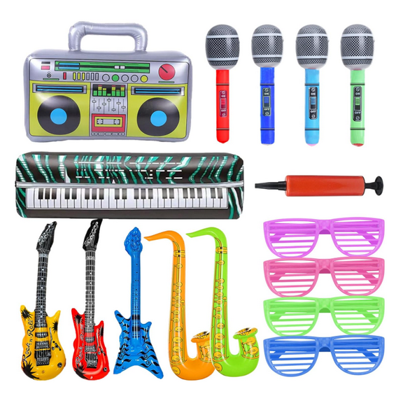 Inflatable Party Props Guitar Inflatable Saxophone Microphone Balloons Fun Musical Instruments Accessories for Pool Birthday Party Supplies Favors Photo Booth Props 80s 90s Carnival Disco Party