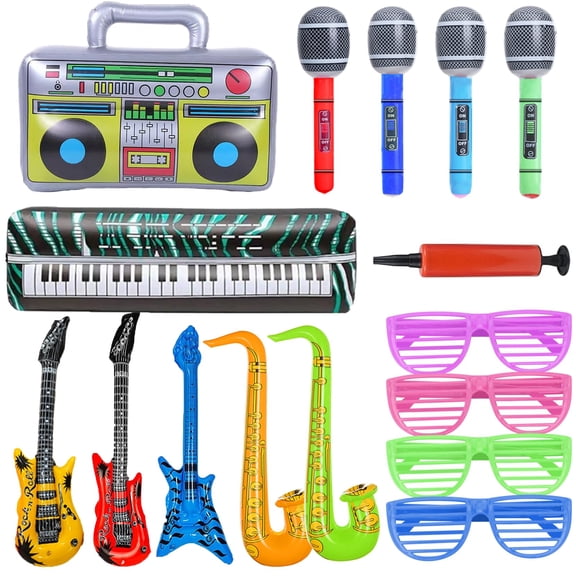 Inflatable Party Props Guitar Saxophone Microphone Balloons Fun Musical Instruments Accessories for Pool Birthday Party Supplies Favors Photo Booth Props 80s 90s Carnival Disco Party