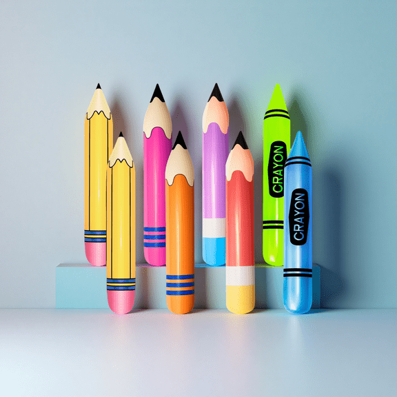 Inflatable Pencil & Crayon Balloons for Back to School Decor - Classroom, Playground Party Decorations, 8pc Set
