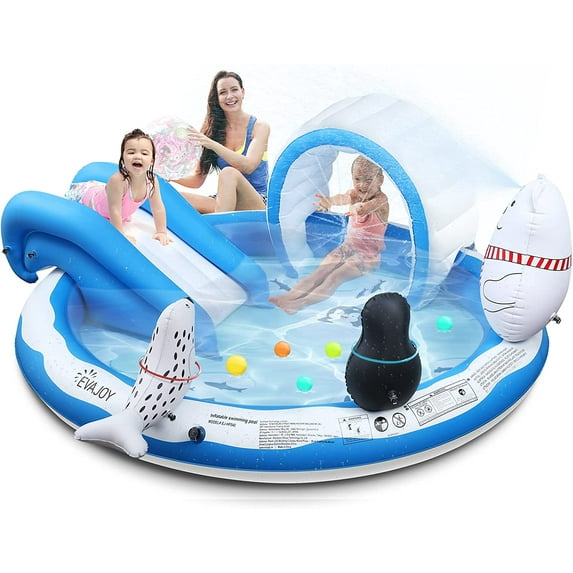 Inflatable Play Center, EVAJOY Kiddie Pool with Slide for Children, Sprinkler, Ice & Snow Theme with Inflatable Dolls, Easy Setup for Garden, Backyard, Indoor Usage