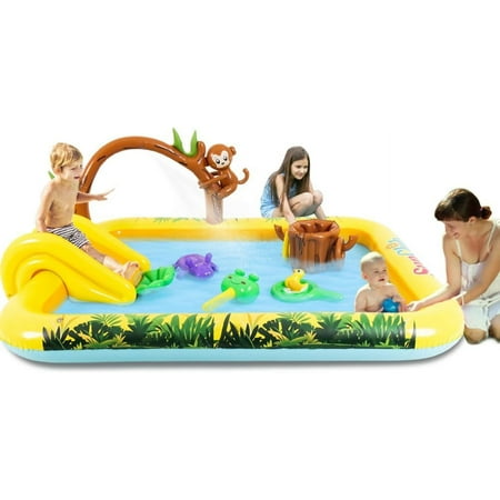 Inflatable Play Center, Inflatable Swimming Pool Cartoon Animals Sprinker Toy with Base Pool, Slide, Monkey, Tree Stump for Kids Toddler Children Garden Backyard