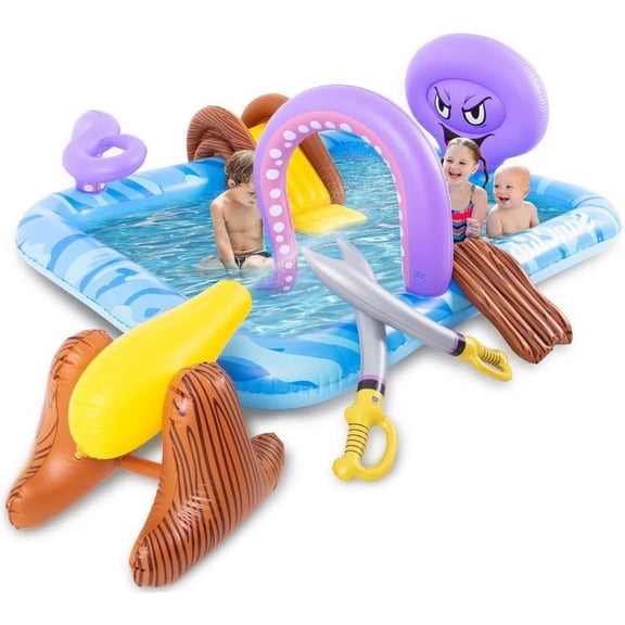 Inflatable Play Center, Octopus Spray Pool with Base Pool, Slide, Blow up Water Slides for Kids Adults Outdoor Backyard