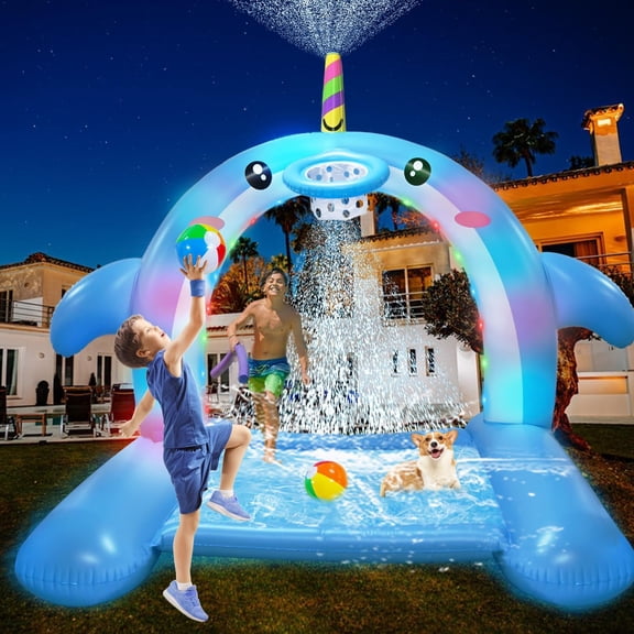 Inflatable Play Center Pool with Slide, Space Astronaut Square Kiddie Pool, Square Outdoor Water Play Center with Sprinkler & Ring Toss for Summer Outdoor, Garden/Backyard Fun