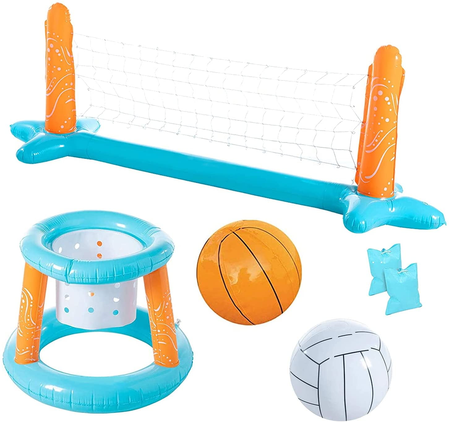 Inflatable Pool Basketball Hoop and Pool Volleyball Set with Pool Net