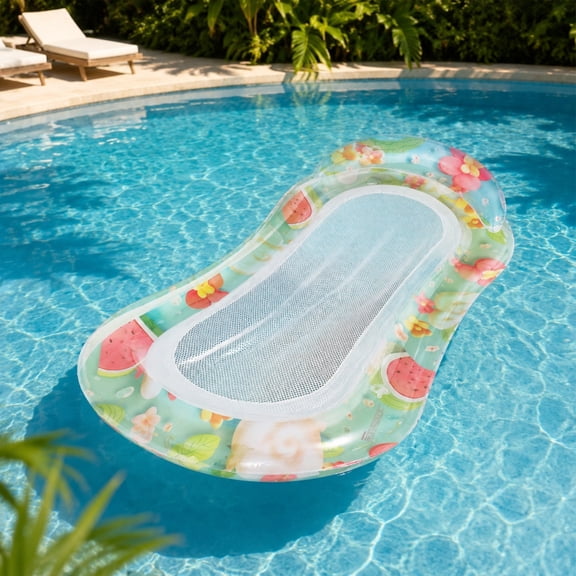 Inflatable Pool Bed Large Water Floating Sofa with Headrest, Thickened PVC Blow Up Pool Float for Adults, Summer Beach Lounger for Swimming Pool Party, Stable Anti-Tip Raft, Transparent Watermelon