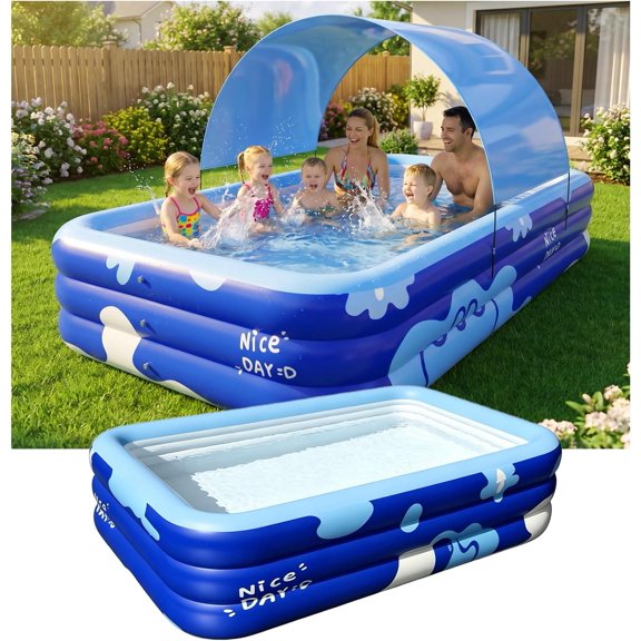 Inflatable Pool with Canopy, 118" x 69" Extra Large Blow Up Pool for Family Kids Adults, Thickened Swimming Pool for Backyard Patio, 3-4 Mins Fast Inflation Pump Included