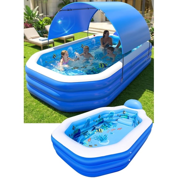 Inflatable Pool with Canopy, Large Inflatable Pool for Kids,Adults, Blow Up Pools with Seats,Oversize Thickened 118"x75"x22"Inflatable Swimming Pools, Kids Pool for Backyard,Ocean Theme-Blue