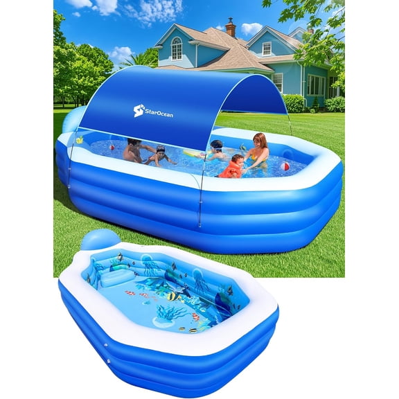 Inflatable Pool with Canopy, Large Inflatable Swimming Pool for Kids,Adult, Blow Up Pools with Seats,Backrest.Durable Thickened Inflatable Family Pools for Backyard,118"x75"x22"-Dark Blue