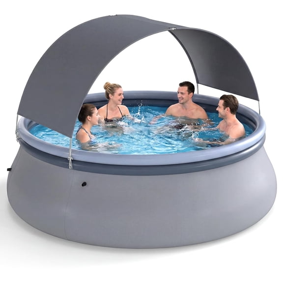 Inflatable Pool with Canopy, Large Round Above Ground Swimming Pool w/ 2 Air Chambers, Repair Patch, Top Ring Blow Up Pools for Backyard, Lawn, Garden (118 x 68)
