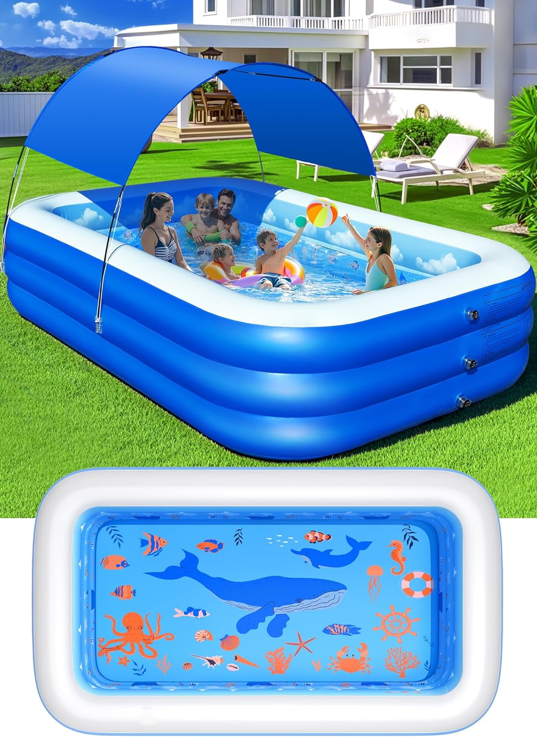 Inflatable Pool with Canopy,Upgraded Inflatable Swimming Pool for Kids ...