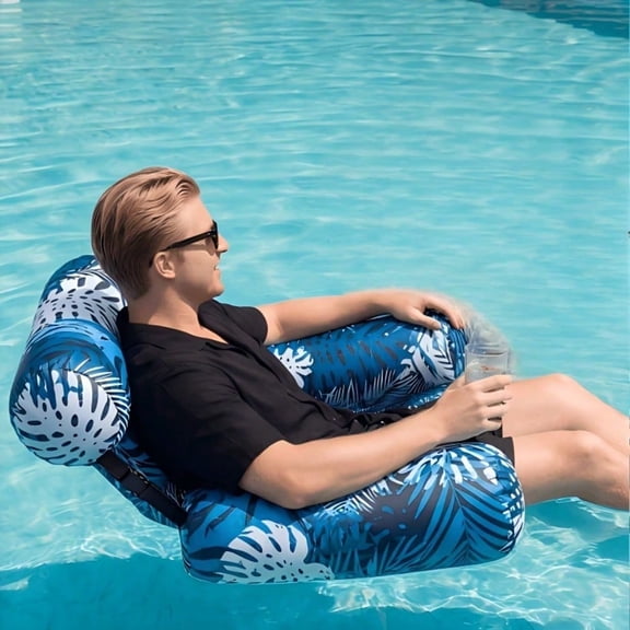 Inflatable Pool Chair Float, Tropical Leaf Print Water Lounge with Backrest & Armrests, Comfortable Pool Float for Adults, Durable PVC Floating Chair for Summer Relaxation