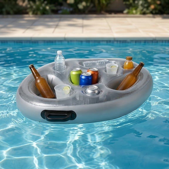 Inflatable Pool Drink Holder Floating Beverage Cooler Tray with Cup Holders for Summer Party, Gray