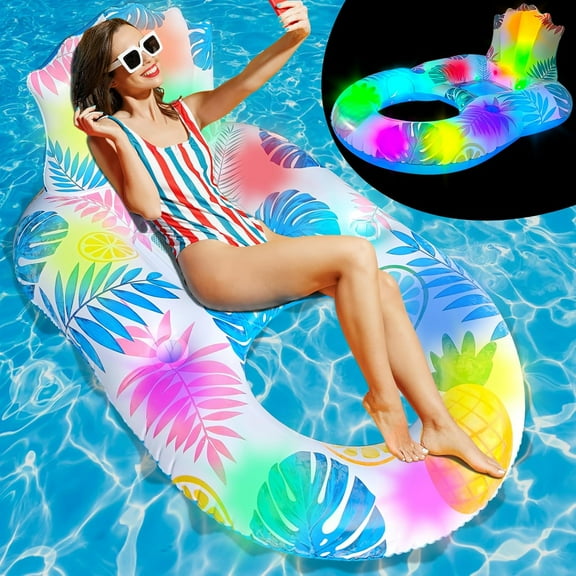 Inflatable Pool Float Adult - Light Up Pool Floaties Lounger Floats Floating Chair Raft with Cup Phone Holder - Pool Chairs for in Pool for Adults Large Size Summer Beach Lake Lounge
