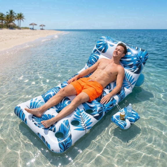 Inflatable Pool Float Adult - Pool Floaties Lounger Floats Floating Chair Raft with Adjustable Backrest Cup Holders Water Floaty Lake Lounge Tanning Floats Beach Party Toys for Adults (Blue)