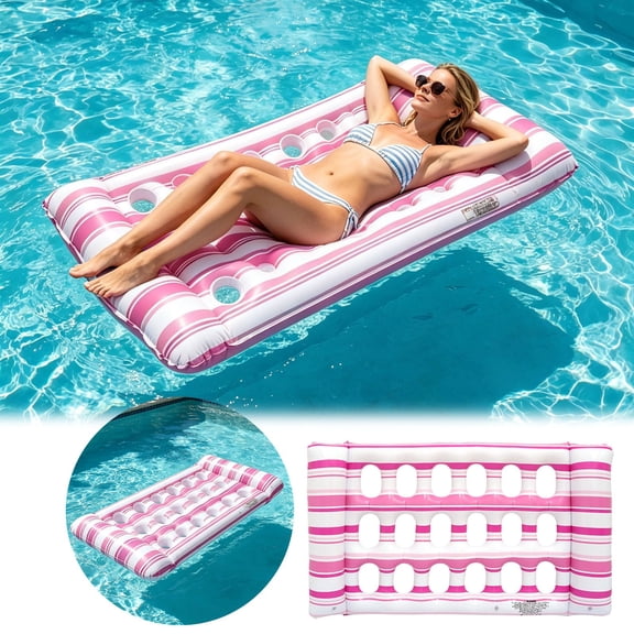 Inflatable Pool Float – Adult Sunbath Lounge with Cup Holders – Large Water Swimming Bed – Striped Design for Pool Beach Garden – Summer Relaxation(Pink)